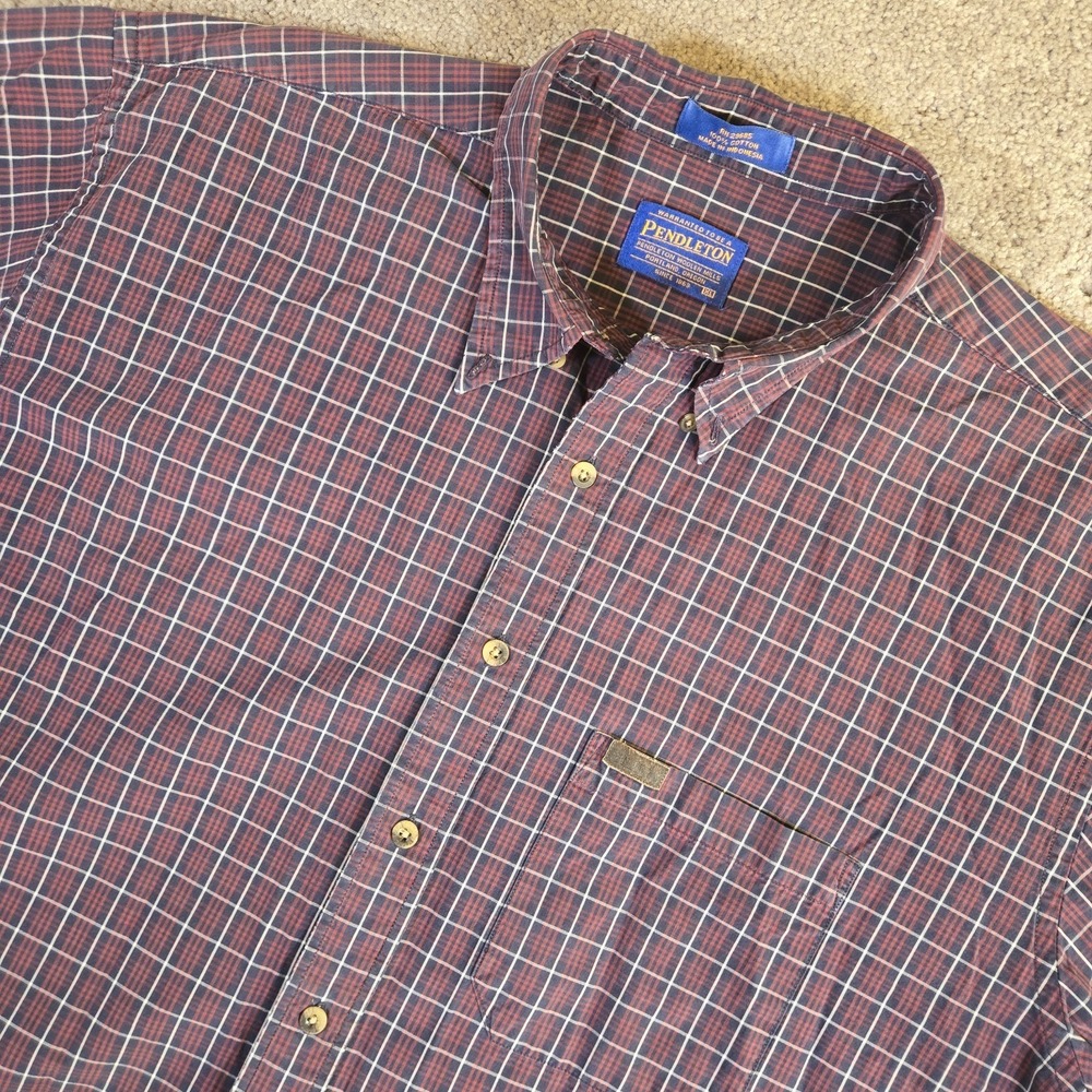 Pendleton Mens XL Plaid Red Plaid‎ 100% Cotton Short Sleeve Button Down Shirt